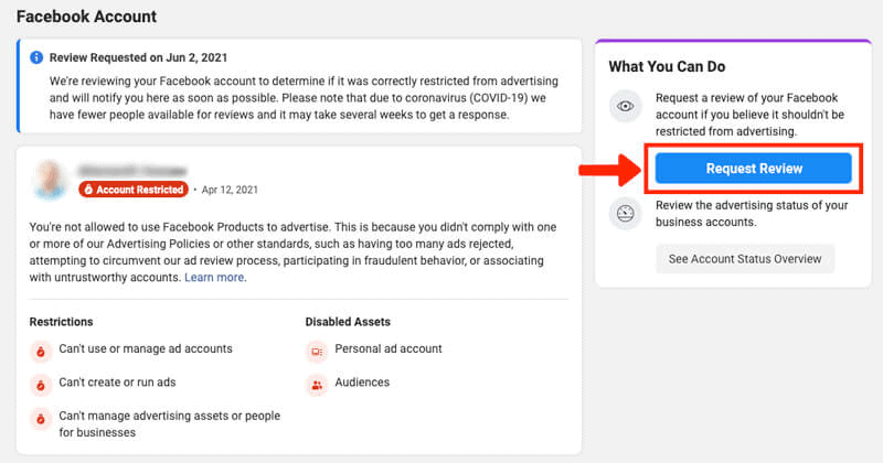 Request review facebook ads