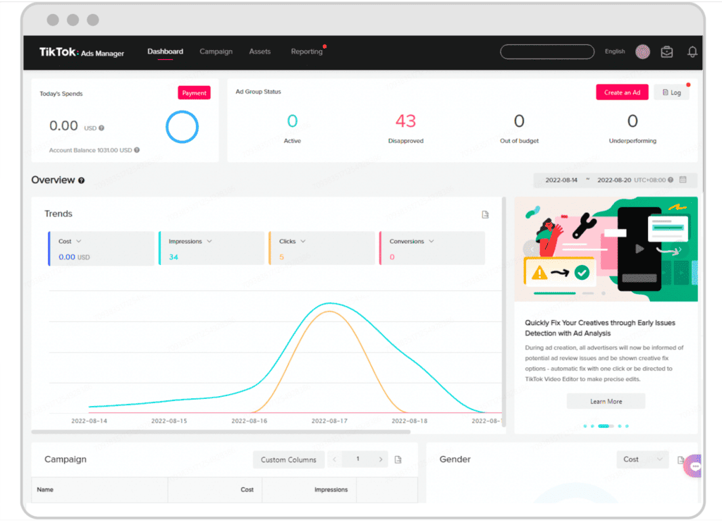 วิธียิงแอด TikTok - สร้างแคมเปญ - Dashboard