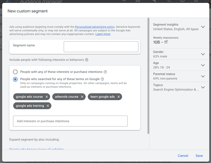 Google Ads Custom Segment
