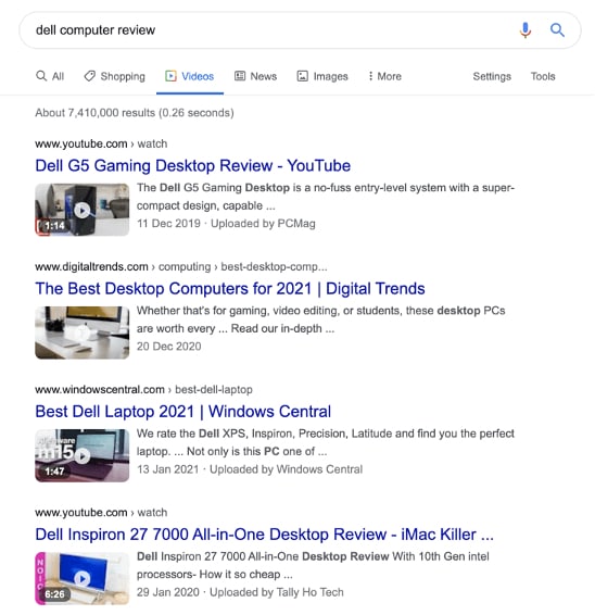 YouTube on google search