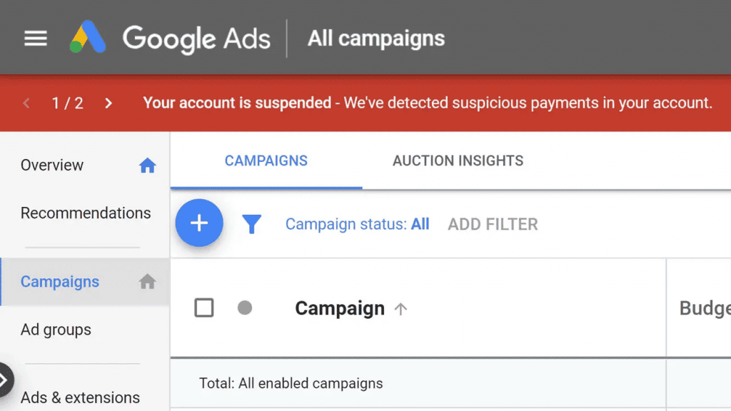 บัญชี Google Ads ถูกระงับ