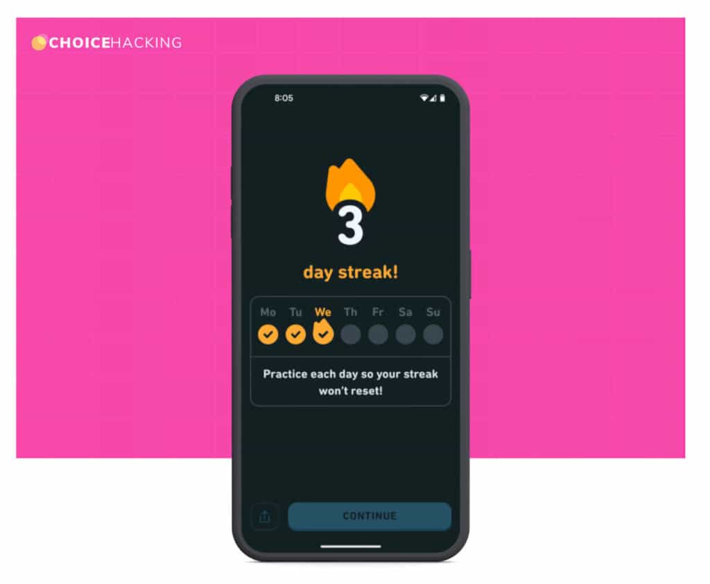เมื่อกดเข้าแอป Duolingo จะได้รับการแจ้งเตือน Streaks ในแต่ละวัน