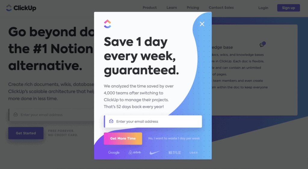 Pop-ups ของ ClickUp กระตุ้นให้กรอกที่อยู่อีเมลด้วยการเน้นคุณค่าของผลิตภัณฑ์