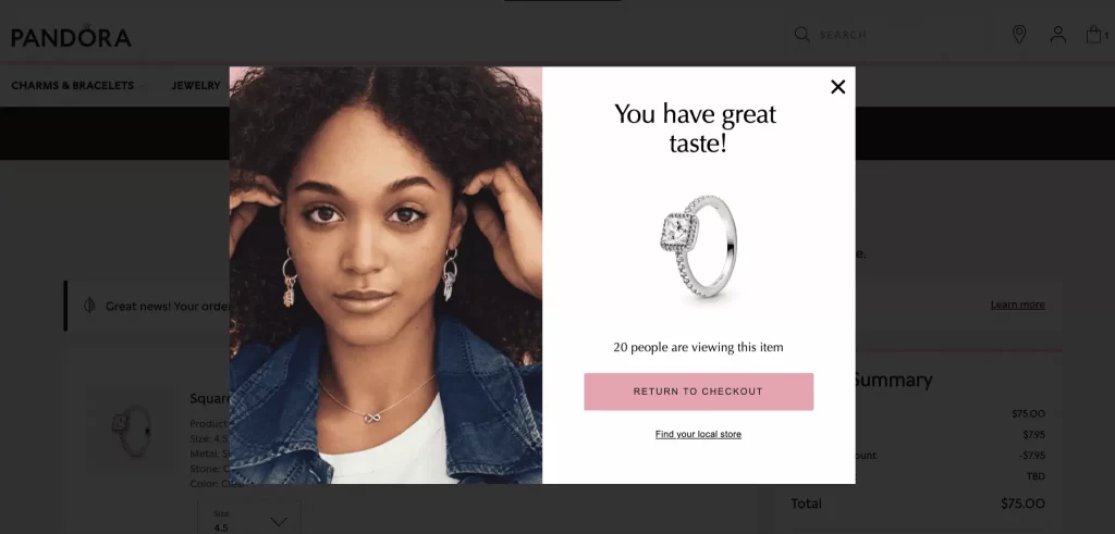 Pandora แสดงผล Pop-ups เพื่อให้ลูกค้าซื้อสินค้าที่ยังอยู่ในตะกร้า